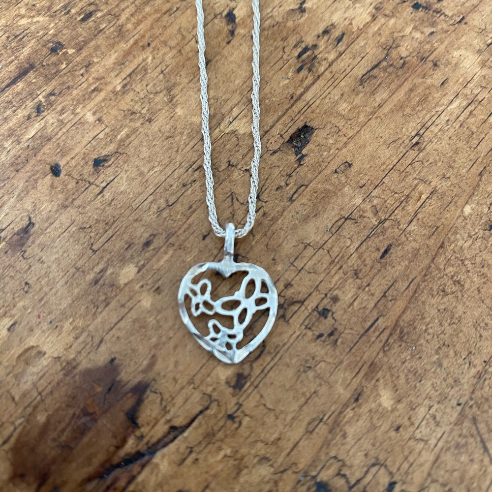 Sweet Heart Shaped Charm With Butterflies Necklace Sterling Silver 20” Chain